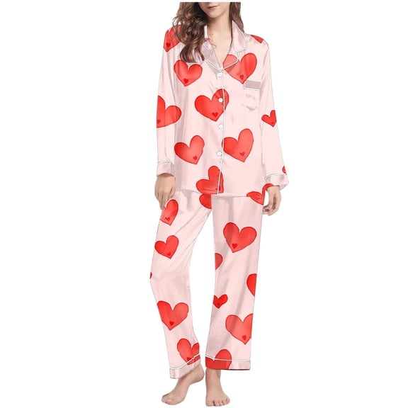Jamicy Sleepwear for Women Valentine's Day Gift Casual Long Sleeve Sleepwear Button Down Pjs Soft 2 Piece Loungewear with Long Pants