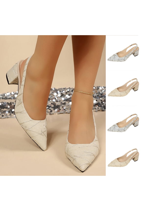 Slingback Sandals for Women Solid Color Low Heels Sandals Tweed Pointed Toe Cap Toe Dress Shoes for Women
