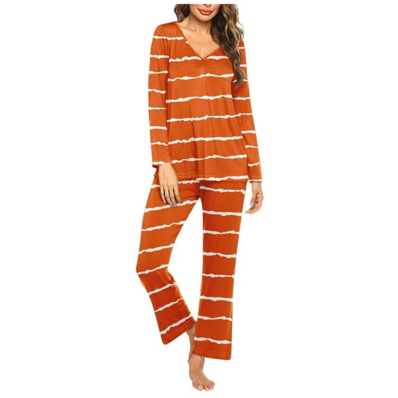 Jamicy Soft Pajamas for Women Casual Fashion Stripe Print Casual Long Sleeve Top with Long Pants Pajamas Set Ladies Loungewear Plus Size