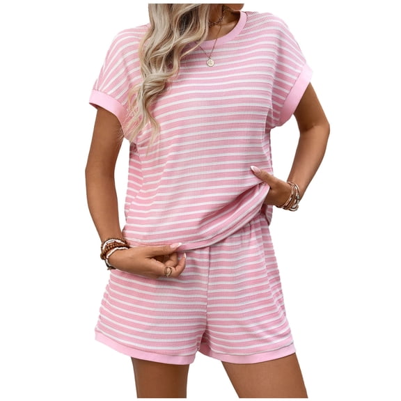 Jamicy Soft Pajamas for Women Valentine's Day 2 Piece Sets for Women Summer Outfits Cute Stripe Knit T Shirts Shorts Matching Lounge Set