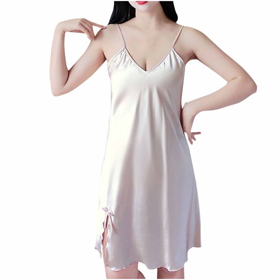 Jamicy Soft Sleep Dresses for Women Valentine's Day Gifts for Women Women's Satin Nightgown V Neck Spaghetti Strap Nightdress Chemise Pajamas Full Slips Sleepwear