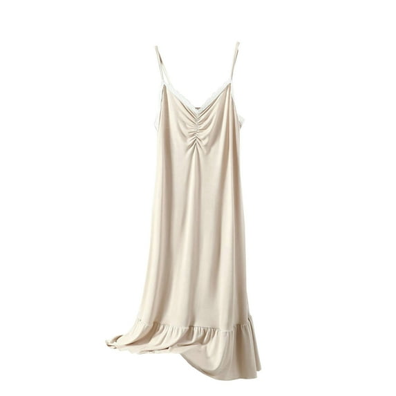 Jamicy Soft Sleep Dresses for Women Casual Fashion Solid Color Sleeveless Lace Crew Neck Plus Size Loose Women's Pajama Dress Long Nightdress