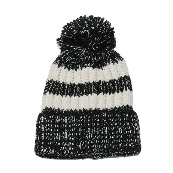 Jamicy Striped Knitted Hat for Women Soft Warm Beanie with Pom Pom Winter Hat for Outdoor Cycling