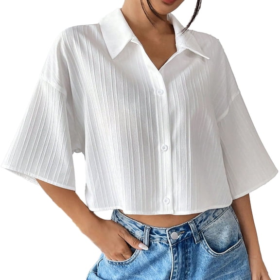 Jamicy Summer Blouses for Women Festival Costumes Button Down Shirt 3/4 Sleeve Dress Crop Tops Shirt V Neck Collared Button Up Summer Tops