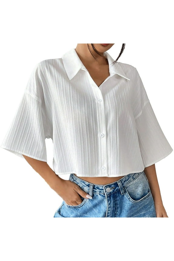 Summer Blouses for Women Festival Costumes Button Down Shirt 3/4 Sleeve Dress Crop Tops Shirt V Neck Collared Button Up Summer Tops