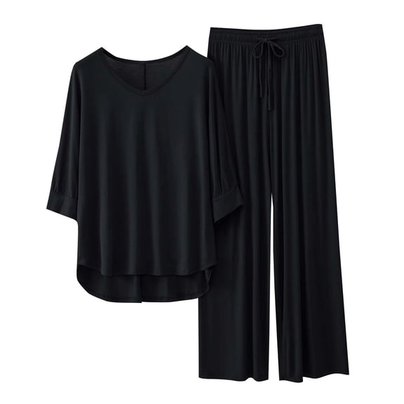 Jamicy Summer Pajamas for Women Gift for Women Women's V-Neck Summer Solid Color 3/4 Sleeve T-Shirt Lace Up Wide Leg Pants Home Wear Two-Piece Pajama Sets