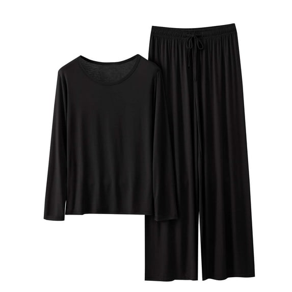 Jamicy Summer Pajamas for Women Gift for Mom Women's Round Neck Summer Loose Solid Color Long Sleeve Wide Leg Pants Home Wear Two-Piece Pajama Sets
