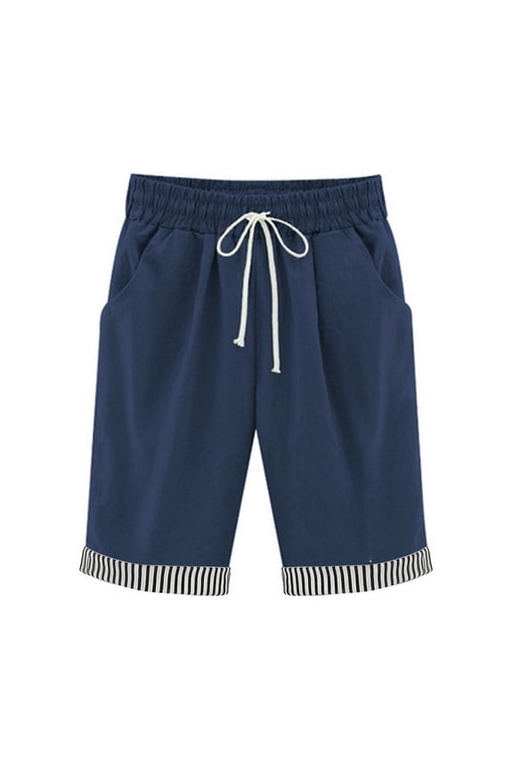 Summer Shorts for Women Elastic Waist Knee Length Casual Cotton Bermuda Shorts with Drawstring Half Shorts Pants
