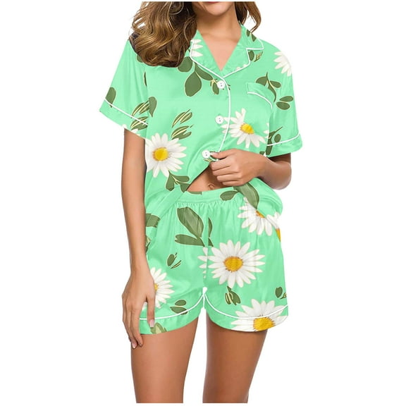 Jamicy Super Soft Pajamas for Women Fashion Casual Printed Short Sleeve Lapel Top with Shorts Loose Comfortable Home Pajama Set