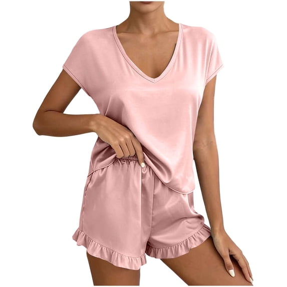 Jamicy Super Soft Pajamas for Women Set Summer Loose Solid Color V-Neck Sleepwear Sleeveless Pajama Set Sleepwear Lounge 2 Piece Nightwear