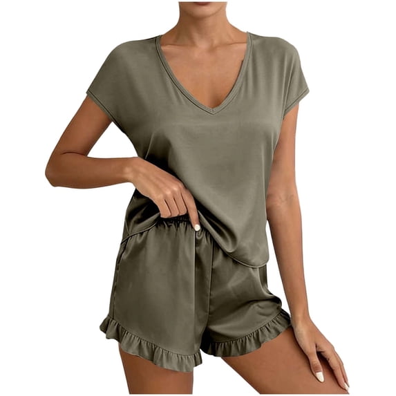 Jamicy Super Soft Pajamas for Women Set Summer Loose Solid Color V-Neck Sleepwear Sleeveless Pajama Set Sleepwear Lounge 2 Piece Nightwear