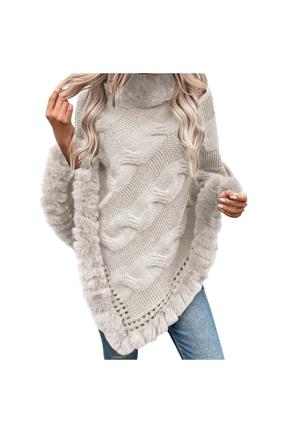 Sweaters for Women Fall Shawl Wrap Loose Winter Warm Faux Fur Collar Cape Sweater Jacket Cable Knit Shawls Scarf Poncho Irregular Top