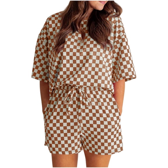 Lopecy-Sta Sweatsuits for Women Summer Outfits Women's Pajamas Set Summer Sleepwear Sets 2 Piece Lounge Set with Pockets Plaid Short-Sleeved Tops and Shorts Two-Piece Set