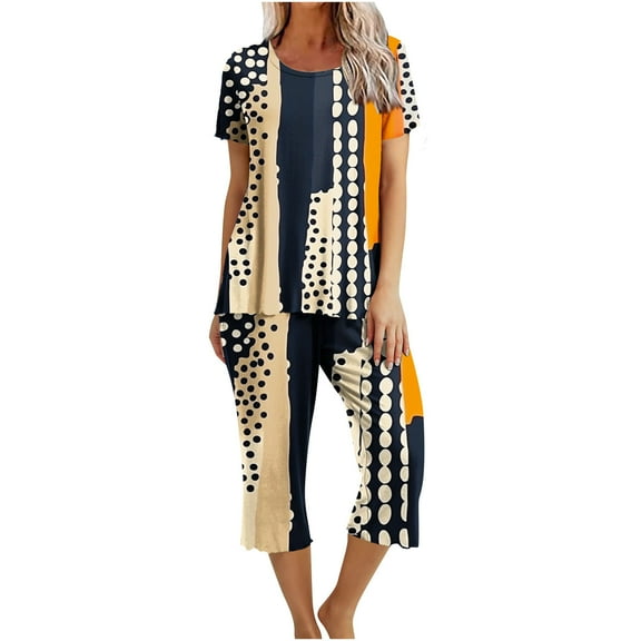 Jamicy Sweatsuits for Women Gift for Girlfriend Women's Casual Floral Print Short Sleeved Round Neck Capri Pajamas Set Lounge Sets Sleepwear