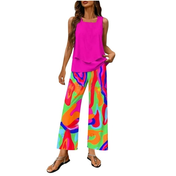 Jamicy Sweatsuits for Women Gift for Mother Women's Summer 2 Piece Outfits Crop Tank Top Wide Leg Pants Loose Tracksuits with Pockets
