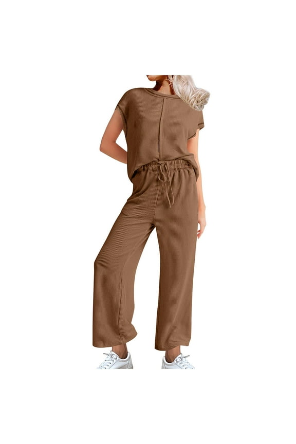 Sweatsuits for Women Gift for Wife Two Piece Outfits Sweater Sets Casual Loose Knit Crewneck Short Sleeve Tops Wide Leg Pants