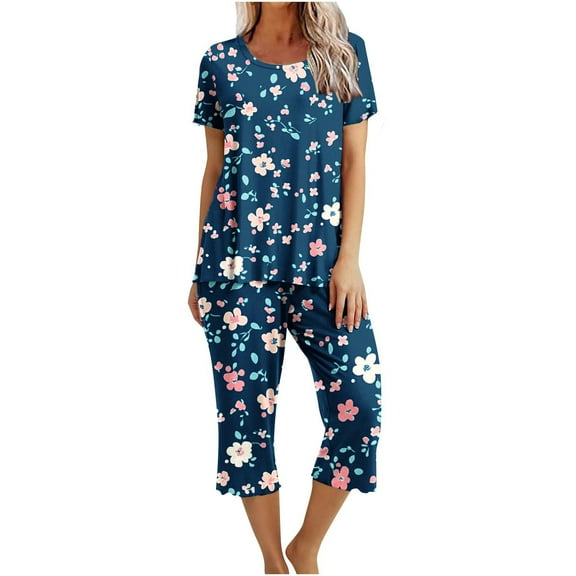 Jamicy Sweatsuits for Women Gift for Wife Womens Capri Pajama Sets Short Sleeve Sleepwear Top and Pants Floral Printed Lounge Sets with Pockets