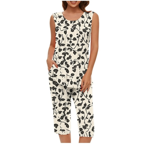 Jamicy Sweatsuits for Women Gift for Women Two Piece Short Set Drawstring Elastic Waist Capris Round Neck Tank Tops Comfy Sweatsuit Soft Sleepwear