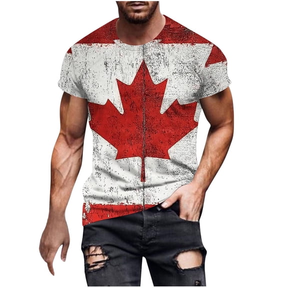 Jamicy T Shirts for Men Summer Outfits Men Casual Round Neck Printing Pullover Canadian Maple Leaf Shirt for Men Canada Day Flag T-Shirt