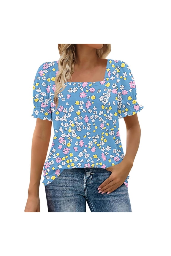 T Shirts for Women Summer Wear Blouse for Women Dressy Casual Puff Short Sleeve Boho Tops Fashion Floral Crew Neck Tunic Shirts Summer Clothes