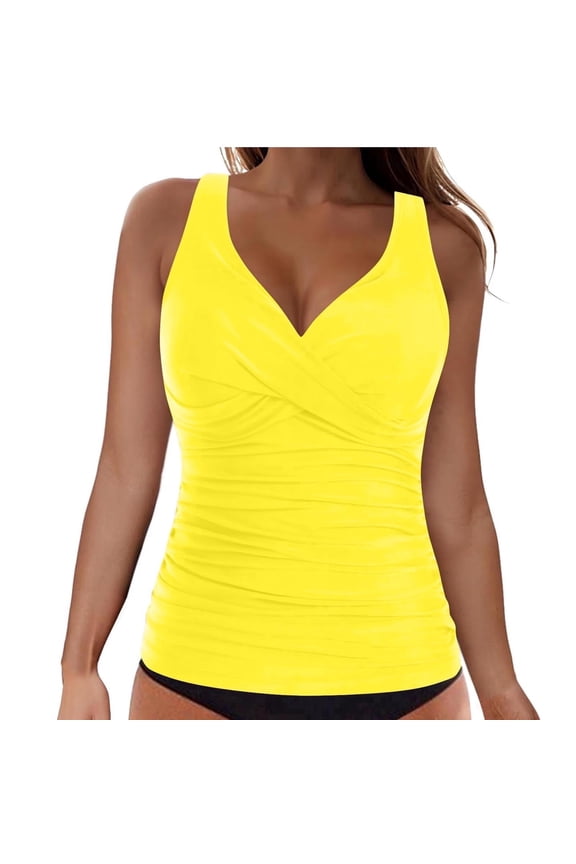 Tankini Tops for Women Sleeveless No Underwire Tankini Top Twist V Neck Swim Top Ruched Bathing Suit Tops Only