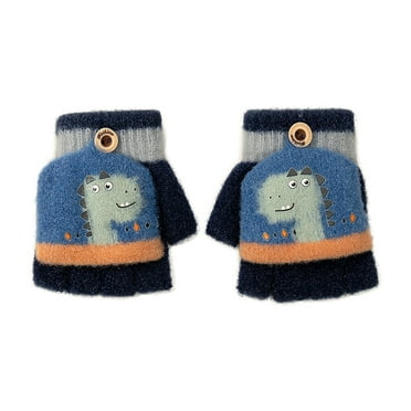 Jamicy Toddler Gloves Winter for 3-5 Years Kids Animals Pattern Convertible Boys Gloves Winter Half Finger Thick Warm Presents Gloves for Children