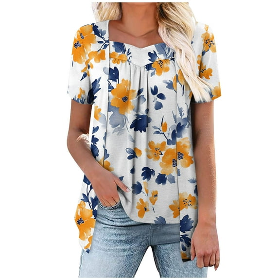 Jamicy Tshirts Women Gift for Women Womens Tops Dressy Casual Summer Short Sleeve T-Shirts Trendy Loose V-Neck Tunic Tops