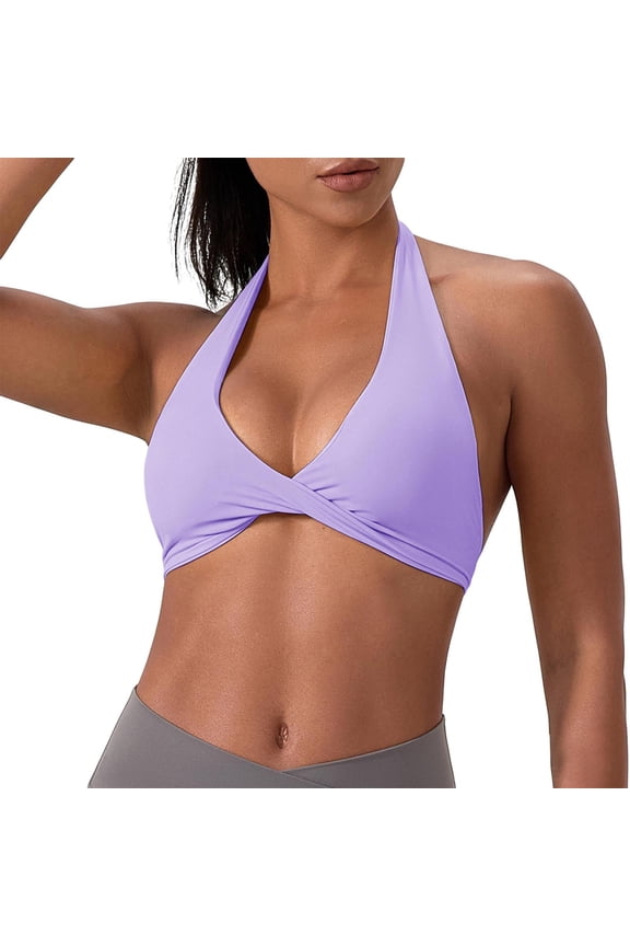Twist Sports Bras for Women Solid Color Seamless Yoga Bra Halter Deep V Neck Crop Top Casual Open Back Non Padded