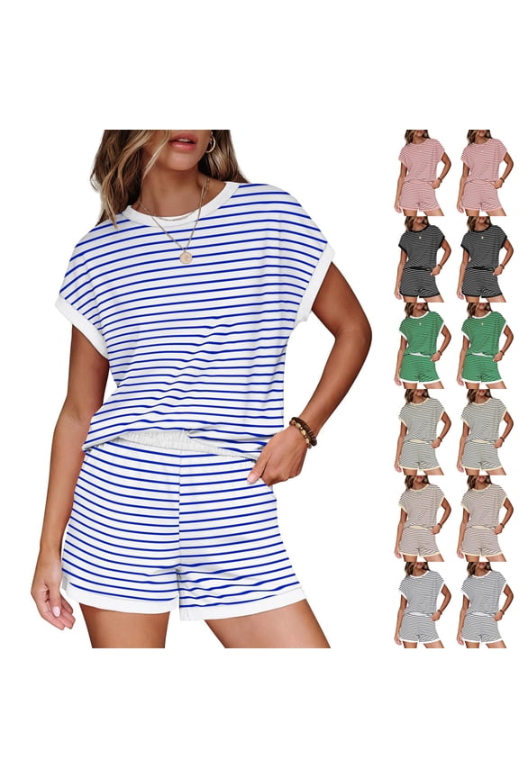 Two Piece Sets for Women Summer Loungewear Cap Sleeve Crew Neck with Short Sets Sweatsuit with Pocket 2 Piece Outfits
