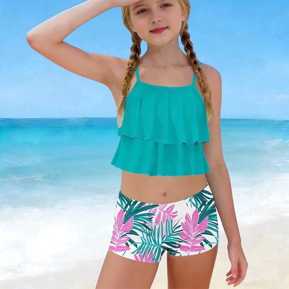 Jamicy Two Piece Swimsuit for Girls Ruched Ruffle Tankini Swimsuits for Girls Sleeveless Bathing Suit with Drawstring Shorts Swimwear for 6-15 Years Kids