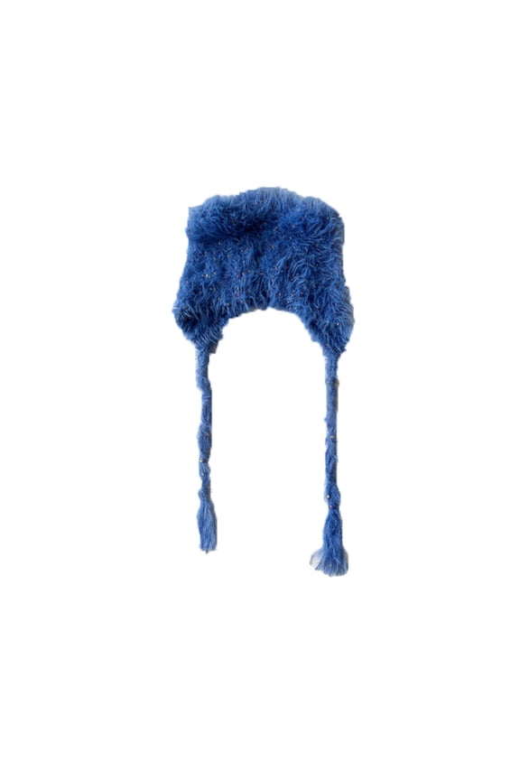 Winter Hat Cute Cat Ear Shape Furry Knit Earflap Hat with Long Ear Straps Peruvian Cover Ear Beanie Hat