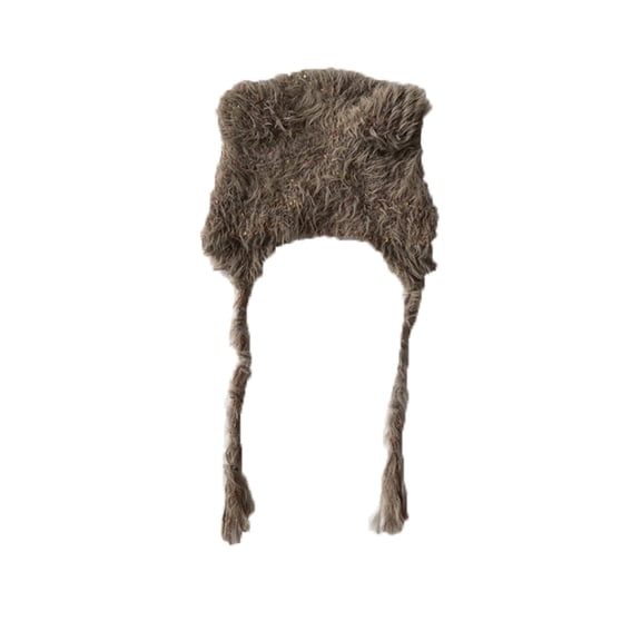 Jamicy Winter Hat Cute Cat Ear Shape Furry Knit Earflap Hat with Long Ear Straps Peruvian Cover Ear Beanie Hat