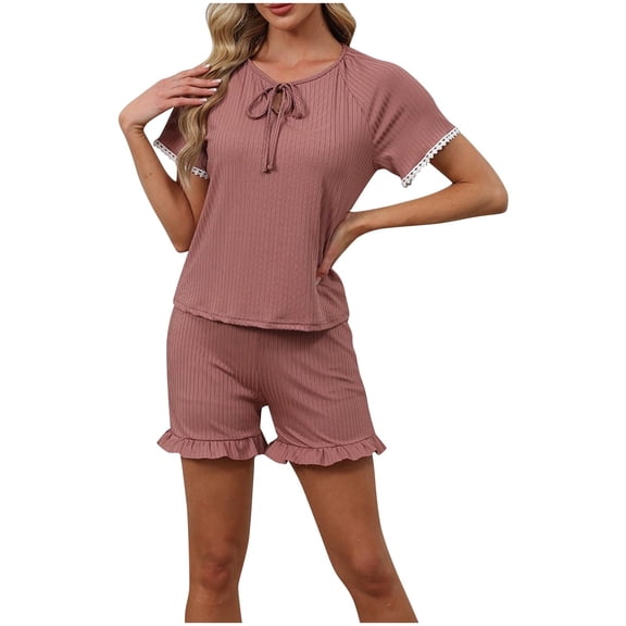 Lopecy-Sta Women Lounge Sets Gift for Wife Women's Ribbed Pajama Set Short Sleeve Top and Shorts with Lace Trim Home Set