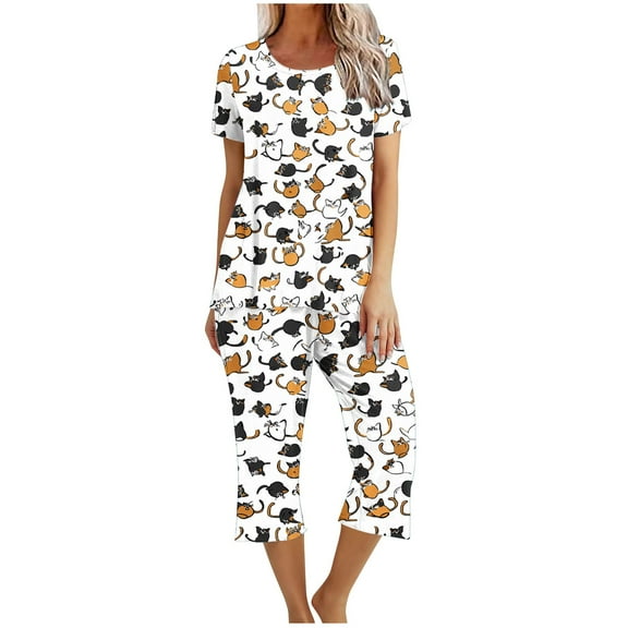 Jamicy Women Pajamas Woemn's Pajama Set Short Sleeve Top with Capri Trousers Loungewear Two-Piece Set Comfortable Soft Woemn's Loungewear