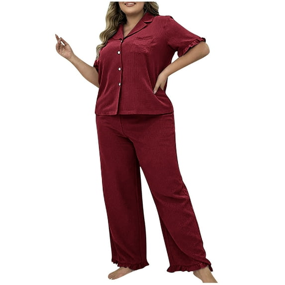 Jamicy Women Sleepwear Pajamas Set Gift for Women Women Pajamas Set Plus Size Soft Short Sleeve Pjs Tops with Long Pants Button-Down Sleepwear Nightwear Loungewear