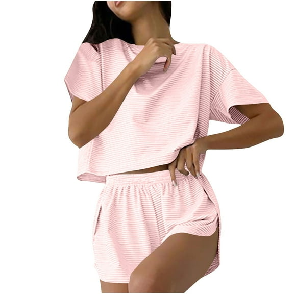 Jamicy Women Sleepwear Pajamas Set Gift for Mom Women's Striped Tee Shirts and Shorts Pajamas Set Side Slit Crewneck Loungewear