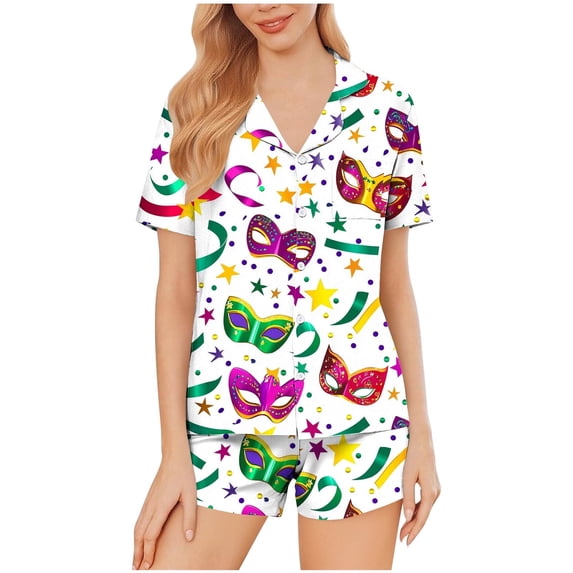 Jamicy Women Sleepwear Soft Carnival Print Short Sleeve Button Lounge Sets Sleepwear Casual Espresso Martini Home Wear