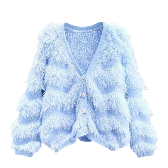 Jamicy Women's Cardigan Gift for Women Shaggy Fluffy Faux Fur Coat Solid Color Sweater for Women Long Sleeve Short Jacket Women's Fashion Puffy Overcoat Outwear