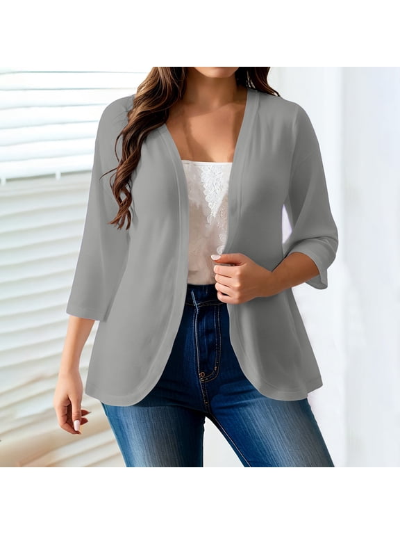 Women's Casual Blazers Solid Color Open Front 3/4 Sleeve Sheer Lightweight Casual Swimwear Cover Up Top Cardigan Jacket