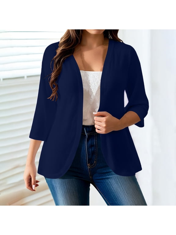 Women's Casual Blazers Solid Color Open Front 3/4 Sleeve Sheer Lightweight Casual Swimwear Cover Up Top Cardigan Jacket