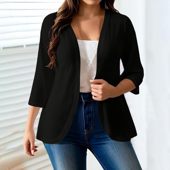 Jamicy Women's Casual Blazers Solid Color Open Front 3/4 Sleeve Sheer Lightweight Casual Swimwear Cover Up Top Cardigan Jacket