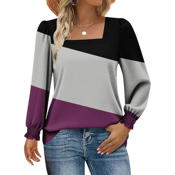 Jamicy Women's Color Block Square Neck Blouse with Puff Sleeves & Elastic Cuffs - Casual Stretch Top for Ladies