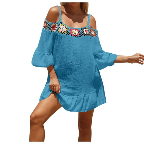 Jamicy Women's Cover-Up for Swimwear Valentine's Day Fashion Flower Crochet Bikini Cover Ups for Women Off Shoulder Mini Dresses Solid Ruffle Half Sleeve Beach Cover