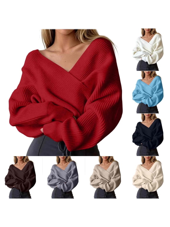 Women's Cropped Sweater V-Neck Long Sleeve Sweaters Loose Solid Color Off Shoulder Fall Knit Loose Casual Fashion Top