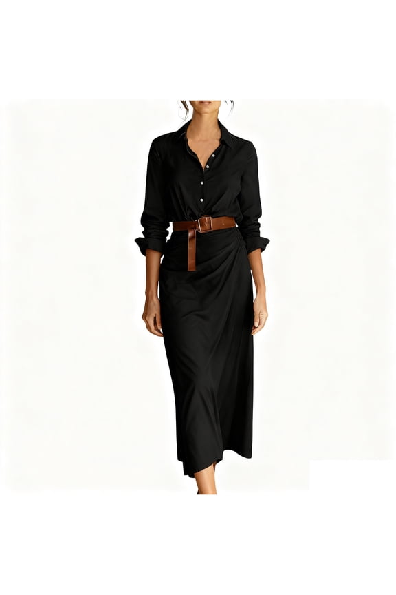 Women's Dresses 2026 Fall Dress Long Sleeve V-Neck Button Down Elegant Flowy Maxi Shirts Dresses Long Shirt Dress with Pockets