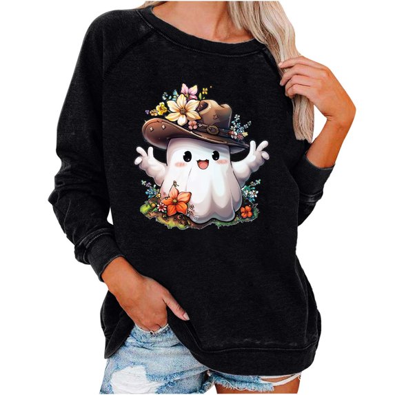 Jamicy Women's Fashion Sweatshirts Halloween Pumpkin Sweatshirts for Women Funny Ghost Graphic Sweatshirt Spooky Season Party Sweater Fall Pullover Tops