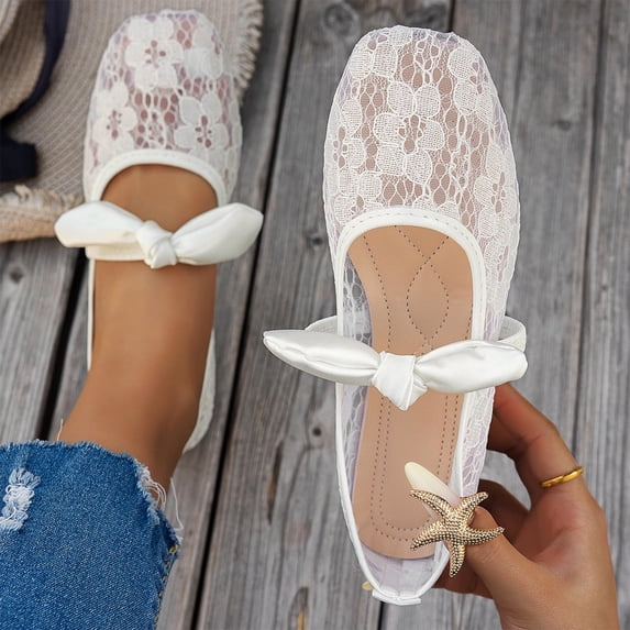 Jamicy Women's Flat Shoes Floral Lace Mesh Ballet Flats Comfortable Dressy Round Closed Toe Bow Ballerina Dress Shoes Casual Outerwear Shoes