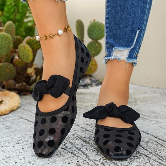 Jamicy Women's Flats Shoes Polka Dots Mesh Ballet Flats Bowknot Pointed Toe Ballerina Flats Closed Toe Comfortable Casual Work Shoes