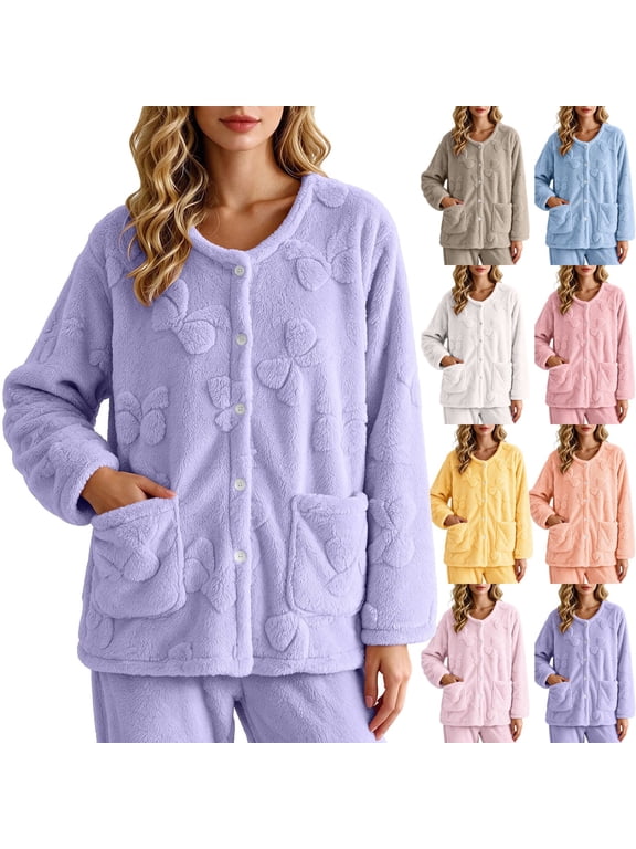 Women's Fleece Bed Jacket with Front Pockets Comfortable Button Front Sleepwear Top Cozy Lounge Wear for Sleeping