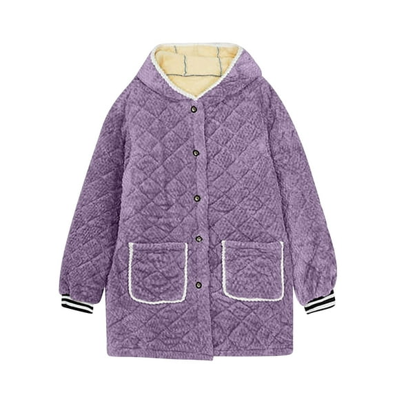 Jamicy Women's Homewear Robe Hooded Robes for Women Warm Long Hooded Dress Fleece Button Outwear